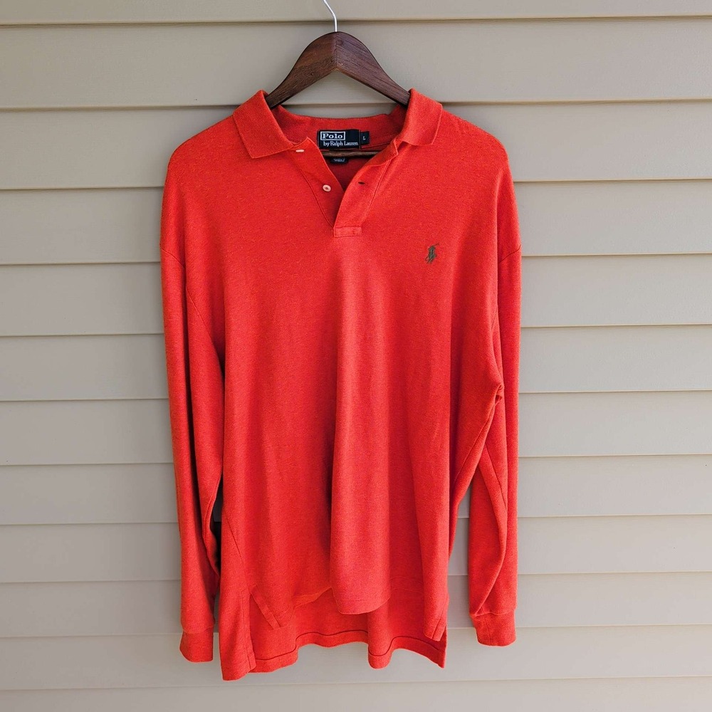 Polo Ralph Lauren Polo Shirt Mens Large Orange Long Sleeve Cotton Pony Logo